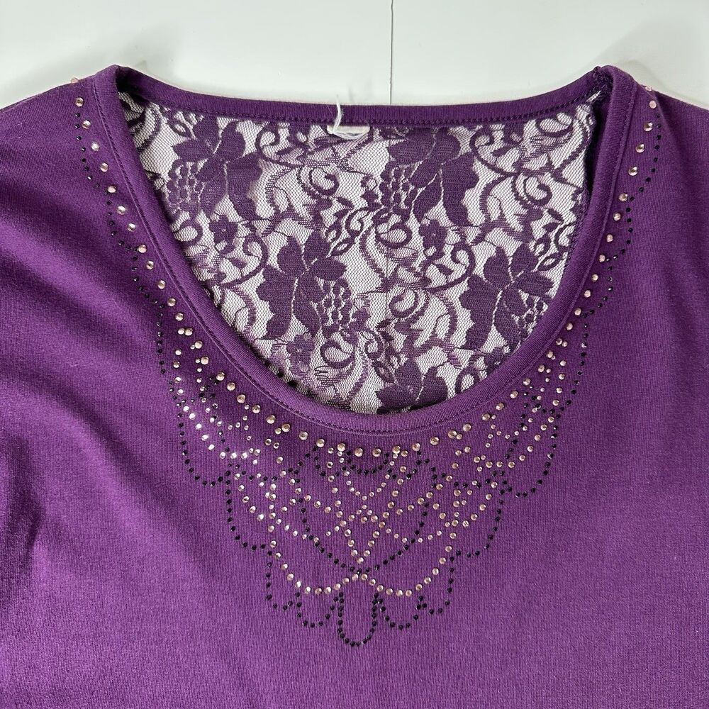 Y2K Stretch Top Sz M?‎ Purple Sheer Floral Lace Embellished Neckline Fairy Boho - Picture 6 of 13